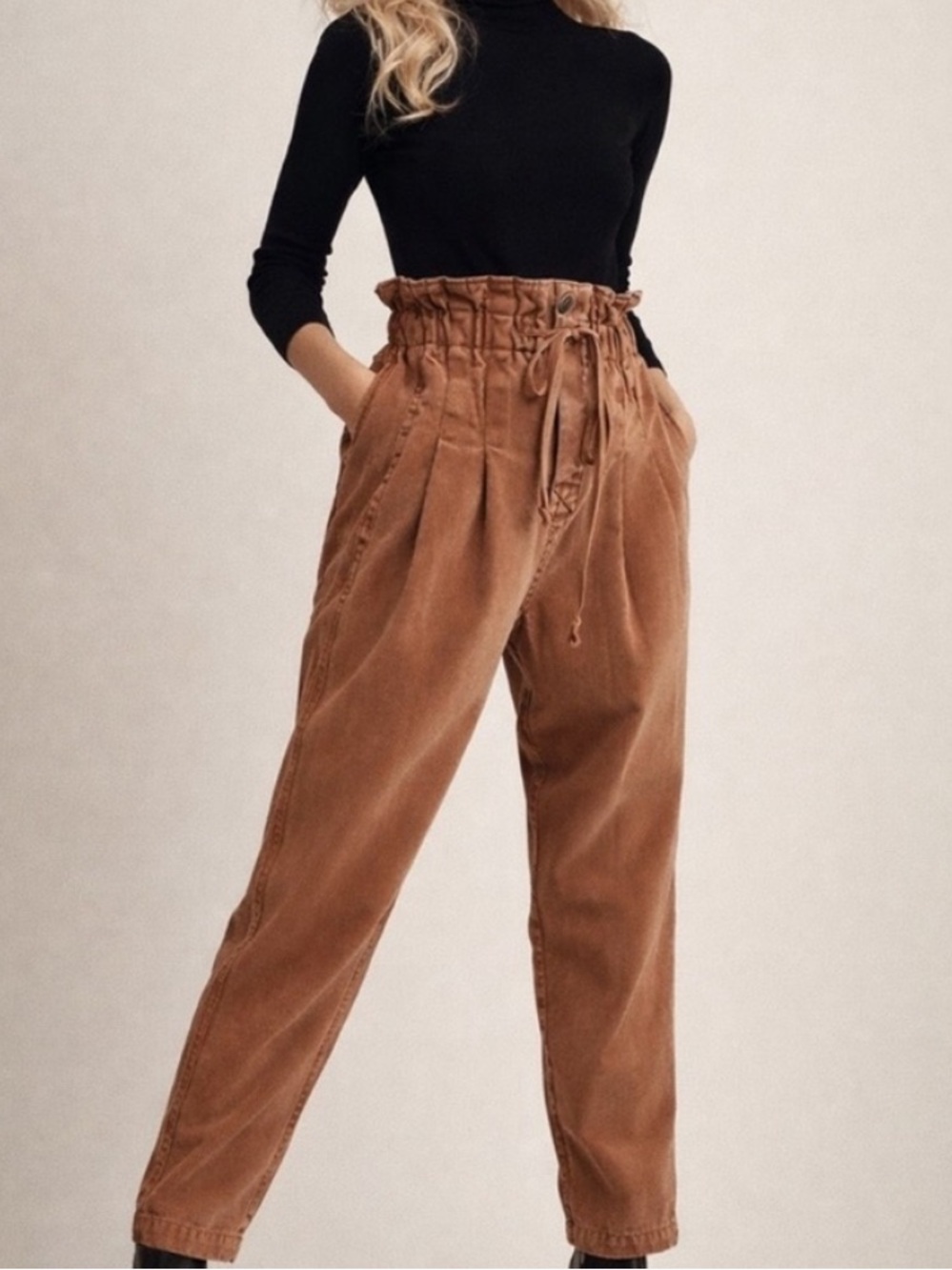 Free People Brown Margate Pleated Paper Bag Trouser Cargo Utility Jogger